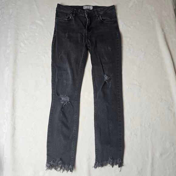 Free People Jeans 26 Women’s black Distressed frayed ankle embellished retro 70s - Picture 1 of 11